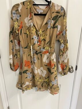 Lost + Wander Tan Floral Mini Dress with Orange & White Blooms